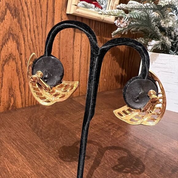 Napier Statement Earrings Polished Gold Tone Openwork Curved Signed Vintage - Picture 2 of 8